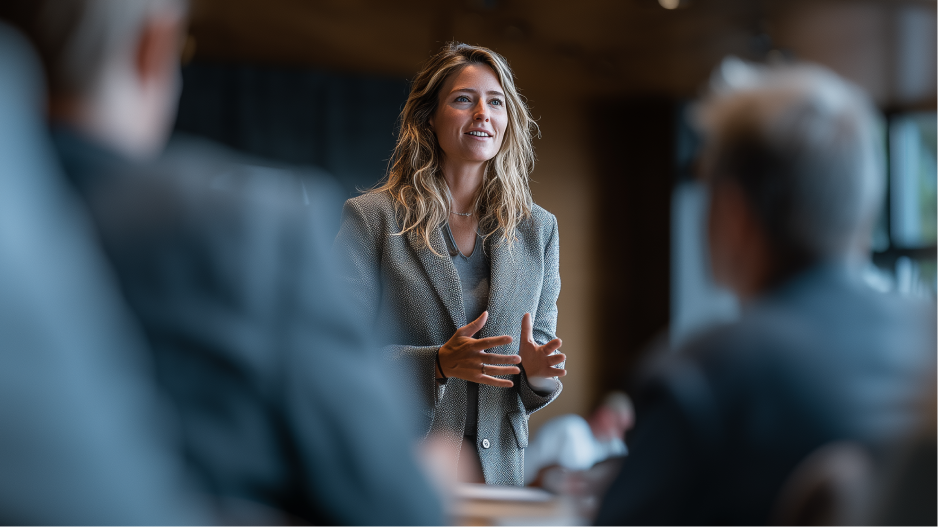 /_cms/webroot/Une femme d'affaires parle à une table avec d'autres personnes d'affaires.