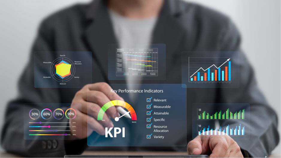 Businessman working on a tablet with various KPIs in front of him.