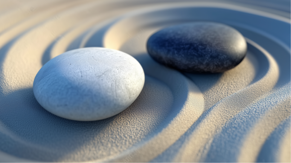 /_cms/webroot/Deux pierres lisses, l'une claire et l'autre foncée, reposent sur un sable finement ratissé aux lignes ondulées.