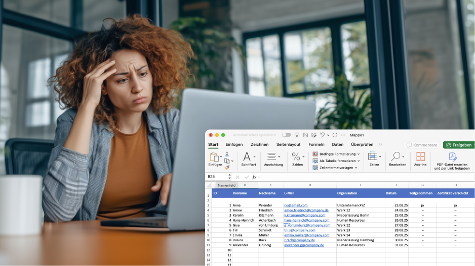 Person arbeitet an einem Laptop in einem modernen Büro; im Vordergrund ist eine Excel-Tabelle mit Teilnehmerdaten und Trainingsstatus eingeblendet.