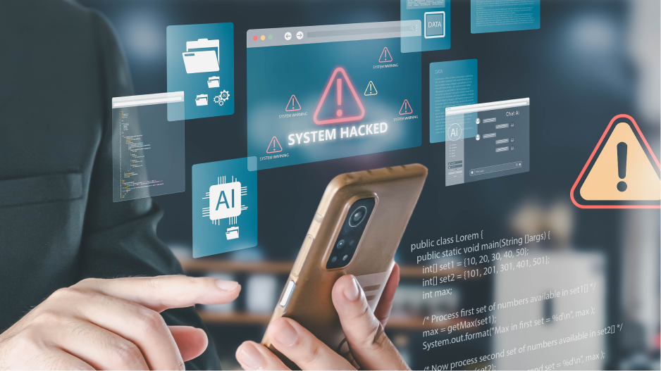 /_cms/webroot/Person uses smartphone while digital warnings such as 'System Hacked' and cybersecurity icons are displayed.